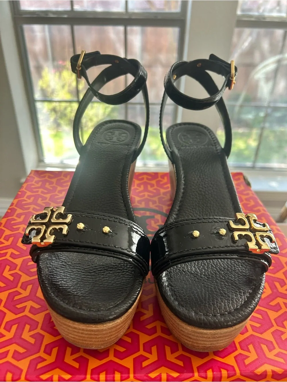 Tory Burch Black Patent Leather Wedge Sandals with Gold Logo